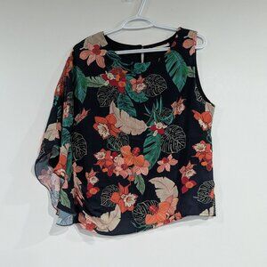 Gaudi Whenever Women Floral Asymmetric Blouse Navy Blue Coral Size 42 Size 10